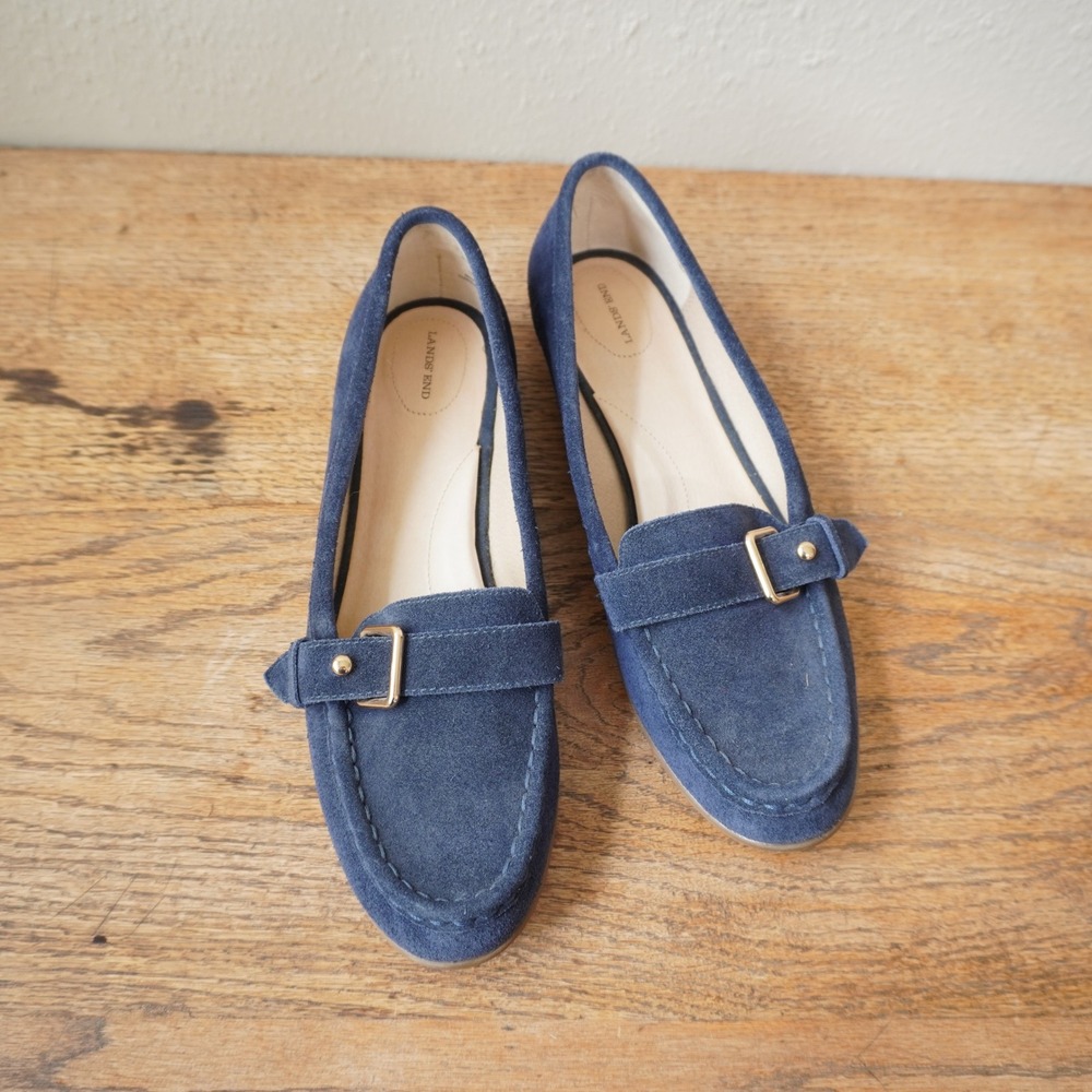 Lands End Women's Size 10 Navy Blue Loafers Suede Buckle Flat Shoes Casual Chic